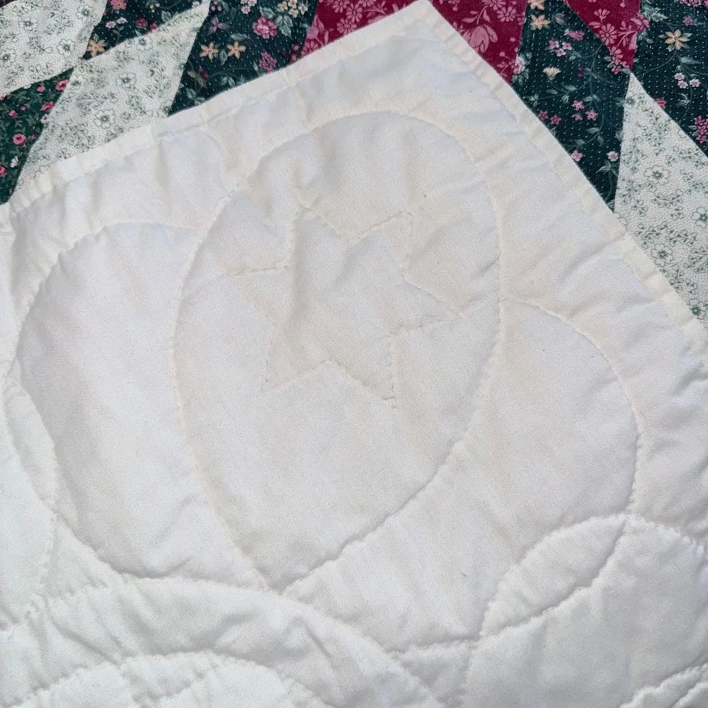 Handmade Lone Star Quilt Full Queen Burgundy Green Floral Patchwork Excellent‎